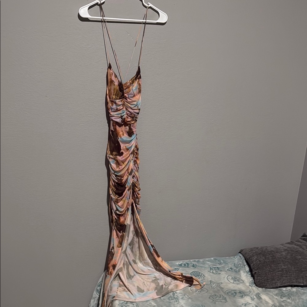 Y2k ruched Elegant Cream and Orange Spaghetti Strap Maxi Dress front slit acacia - Picture 4 of 16